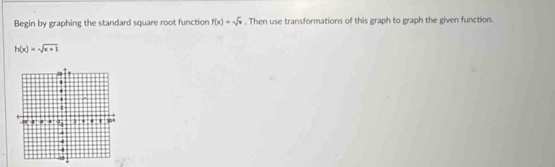 Begin by graphing the standard square root function f(x)=sqrt(x). Then use transformations of this graph to graph the given function.
h(x)=sqrt(x+1)