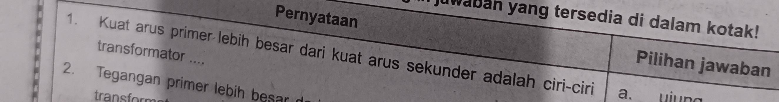 Pernyataan 
juwaban yang tersedia di dalam kotak! 
1. Kuat arus primer lebih besar dari kuat arus sekunder adalah ciri-ciri transformator .... 
Pilihan jawaban 
2. Tegangan primer lebih besar 
transform 
a.