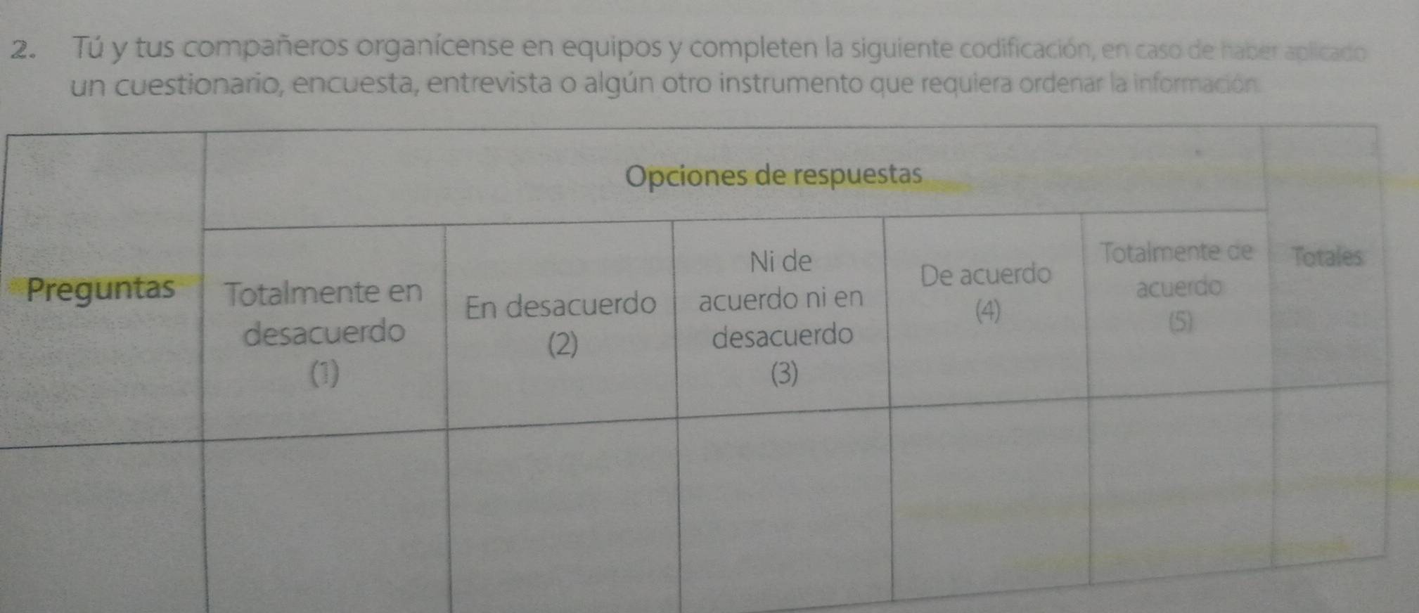 Tú y tus compañeros organícense en equipos y completen la siguiente codificación, en caso de haber aplicado 
un cuestionario, encuesta, entrevista o algún otro instrumento que requiera ordenar la información.