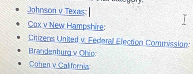 Johnson v Texas: 
Cox v New Hampshire: 
Citizens United v. Federal Election Commission: 
Brandenburg v Ohio: 
Cohen v California: