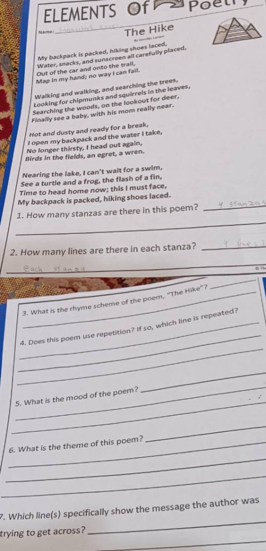 Solved: ELEMENTS Of Poetry Name: _The Hike My backpack is packed ...