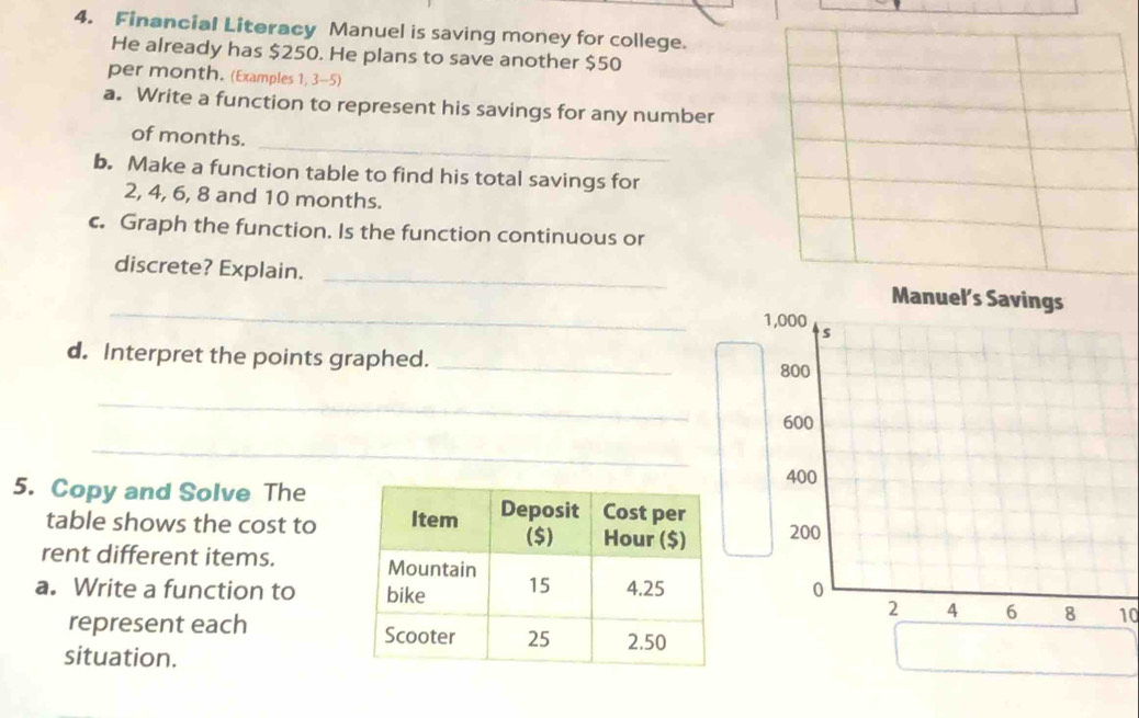 Financial Literacy Manuel is saving money for college. 
He already has $250. He plans to save another $50
per month. (Examples 1, 3-5) 
a. Write a function to represent his savings for any number 
_ 
of months. 
b. Make a function table to find his total savings for
2, 4, 6, 8 and 10 months. 
c. Graph the function. Is the function continuous or 
_ 
discrete? Explain. _ 
d. Interpret the points graphed._ 
_ 
_ 
5. Copy and Solve The 
table shows the cost to 

rent different items. 
a. Write a function to 
10 
represent each 
situation.