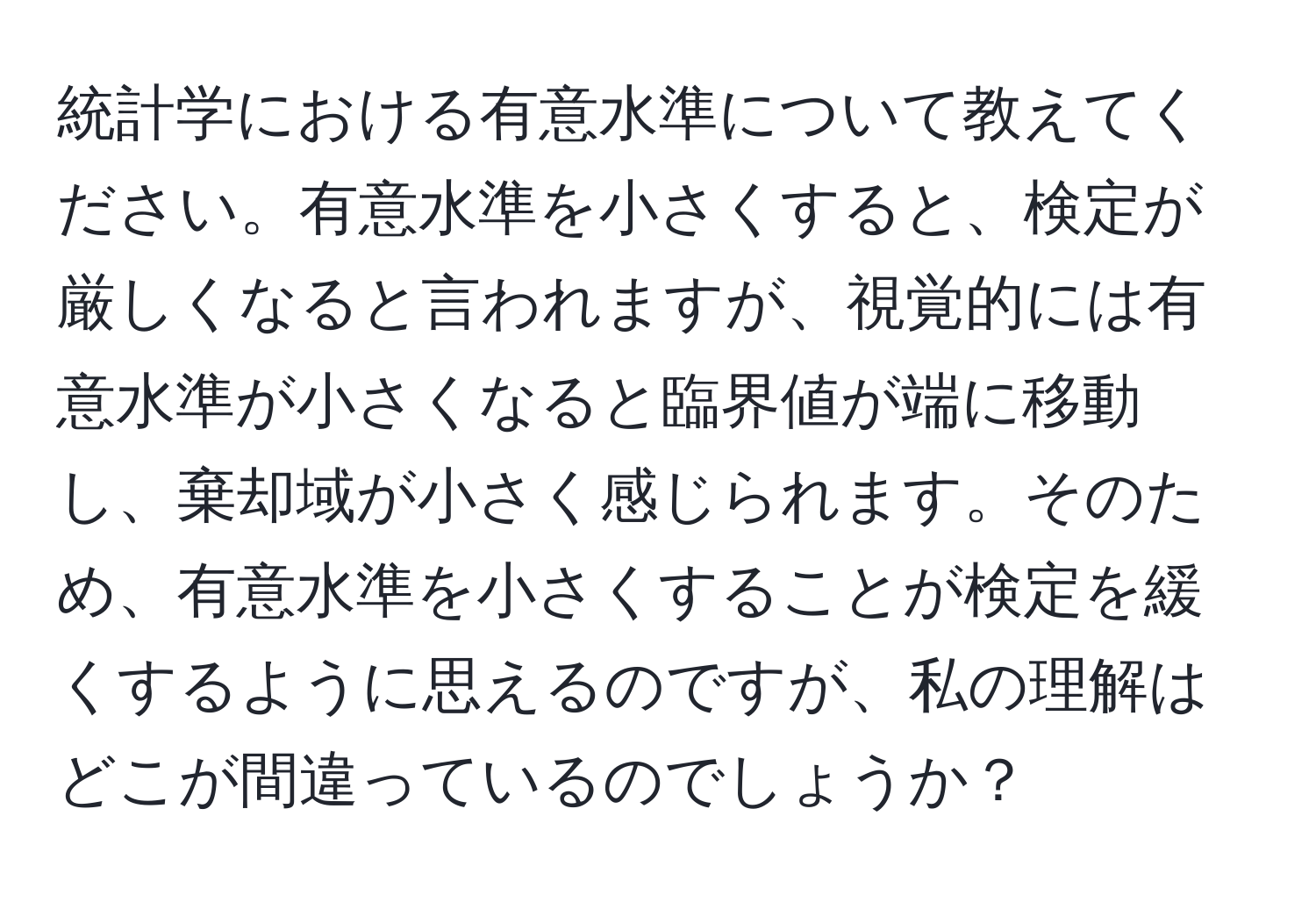 統計学における有意水準について教えてください。有意水準を小さくすると、検定が厳しくなると言われますが、視覚的には有意水準が小さくなると臨界値が端に移動し、棄却域が小さく感じられます。そのため、有意水準を小さくすることが検定を緩くするように思えるのですが、私の理解はどこが間違っているのでしょうか？