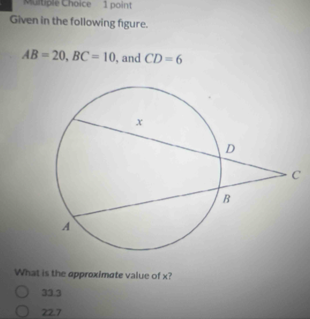 Given in the following fgure.
AB=20, BC=10 , and CD=6
What is the approximate value of x?
33.3
22.7