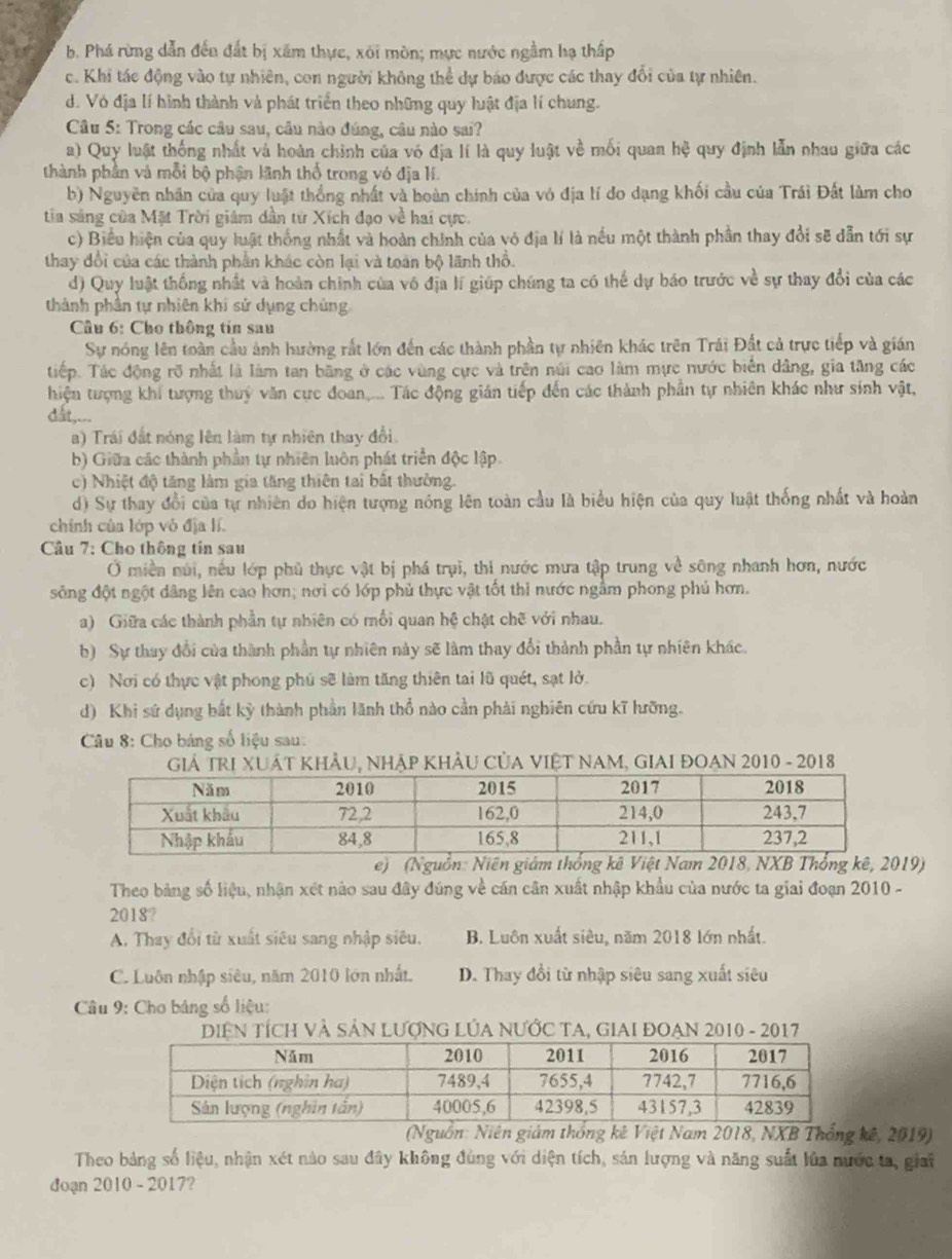 b. Phá rừng dẫn đến đất bị xăm thực, xôi mòn; mực nước ngằm hạ thấp
c. Khi tác động vào tự nhiên, con người không thể dự báo được các thay đổi của tự nhiên.
d. Vỏ địa lí hình thành và phát triển theo những quy luật địa lí chung.
Câu 5: Trong các câu sau, câu nào đúng, câu nào sai?
a) Quy luật thống nhất và hoàn chính của vó địa lí là quy luật về mối quan hệ quy định lẫn nhau giữa các
thành phần và mỗi bộ phận lãnh thổ trong vó địa lí.
b) Nguyên nhân của quy luật thống nhất và hoàn chính của vó địa lí đo dạng khối cầu của Trái Đất làm cho
tia sáng của Mặt Trời giám dần từ Xích đạo về hai cực.
c) Biểu hiện của quy luật thống nhất và hoàn chính của vó địa lí là nếu một thành phần thay đổi sẽ dẫn tới sự
thay đổi của các thành phần khác còn lại và toán bộ lãnh thổ.
d) Quy luật thống nhất và hoàn chính của vô địa lĩ giúp chúng ta có thể dự báo trước về sự thay đổi của các
thành phần tự nhiên khí sứ dụng chúng
Câu 6: Cho thông tin sau
Sự nóng lên toàn cầu ảnh hường rất lớn đến các thành phần tự nhiên khác trên Trái Đất cả trực tiếp và gián
tiếp. Tác động rõ nhất là làm tan băng ở các vùng cực và trên núi cao làm mực nước biển dâng, gia tăng các
hiện tượng khí tượng thuý văn cực đoan,... Tác động gián tiếp đến các thành phần tự nhiên khác như sinh vật,
dất,...
a) Trái đất nóng lên làm tự nhiên thay đổi.
b) Giữa các thành phần tự nhiên luôn phát triển độc lập
c) Nhiệt độ tăng làm gia tăng thiên tai bất thường.
d) Sự thay đổi của tự nhiên do hiện tượng nóng lên toàn cầu là biểu hiện của quy luật thống nhất và hoàn
chính của lớp vô địa lí.
* Câu 7: Cho thông tín sau
Ở miền núi, nếu lớp phủ thực vật bị phá trụi, thi nước mưa tập trung về sông nhanh hơn, nước
sông đột ngột dâng lên cao hơn; nơi có lớp phủ thực vật tốt thi nước ngầm phong phủ hơn.
a) Giữa các thành phần tự nhiên có mỗi quan hệ chật chẽ với nhau.
b) Sự thay đổi của thành phần tự nhiên này sẽ làm thay đổi thành phần tự nhiên khác.
c) Nơi có thực vật phong phú sẽ làm tăng thiên tai lũ quét, sạt lở.
d) Khi sứ dụng bắt kỳ thành phần lãnh thổ nào cần phải nghiên cứu kĩ hưỡng.
Câu 8: Cho bảng số liệu sau:
Giả TRI XUÁT KHÂU, NHậP KHÂU CủA VIệT NAM, GIAI ĐOAN 2010 - 2018
e) (Nguồn: Niên giám thống kê Việt Nam 2018, NXB Thống kê, 2019)
Theo bảng số liệu, nhận xét nảo sau đây đúng về cán cân xuất nhập khẩu của nước ta giai đoạn 2010 -
2018?
A. Thay đổi từ xuất siêu sang nhập siêu, B. Luôn xuất siêu, năm 2018 lớn nhất.
C. Luôn nhập siêu, năm 2010 lớn nhất, D. Thay đổi từ nhập siêu sang xuất siêu
Câu 9: Cho bảng số liệu:
DIệN TÍCH VÀ SẢN LượNG LÚA NƯỚC TA, GIAI ĐOẠN 2010 - 2017
(Nguồn: Niên giảm thống kê Việt Nam 2018, NXB Thống kê, 2019)
Theo bảng số liệu, nhận xét nào sau đây không đùng với diện tích, sản lượng và năng suất lửa nước ta, giai
đoạn 2010 - 2017?