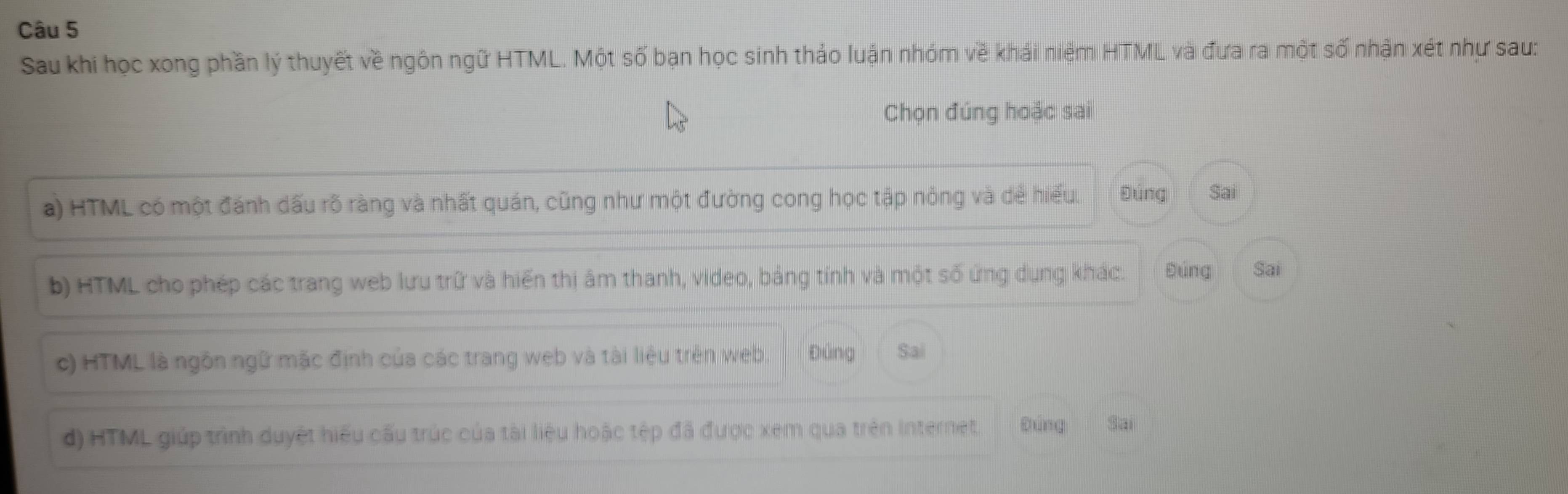 Sau khi học xong phần lý thuyết về ngôn ngữ HTML. Một số bạn học sinh thảo luận nhóm về khái niệm HTML và đưa ra một số nhận xét như sau: 
Chọn đúng hoặc sai 
a) HTML có một đánh dấu rõ ràng và nhất quán, cũng như một đường cong học tập nỏng và dể hiểu. Đúng Sai 
b) HTML cho phép các trang web lưu trữ và hiến thị âm thanh, video, bảng tính và một số ứng dụng khác. Đúng Sai 
c) HTML là ngôn ngữ mặc định của các trang web và tài liệu trên web. Đúng Sai 
d) HTML giúp trình duyệt hiểu cấu trúc của tài liệu hoặc tệp đã được xem qua trên Internet. Đứng Sai