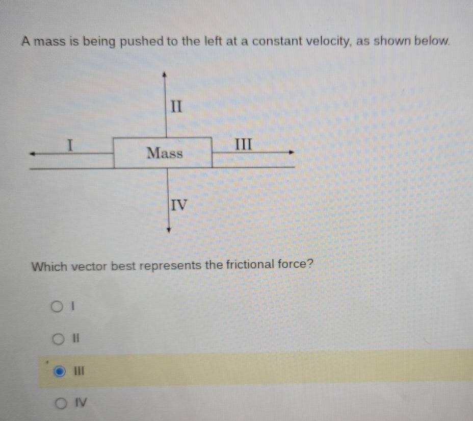 A mass is being pushed to the left at a constant velocity, as shown below.
Which vector best represents the frictional force?
1
|
IV