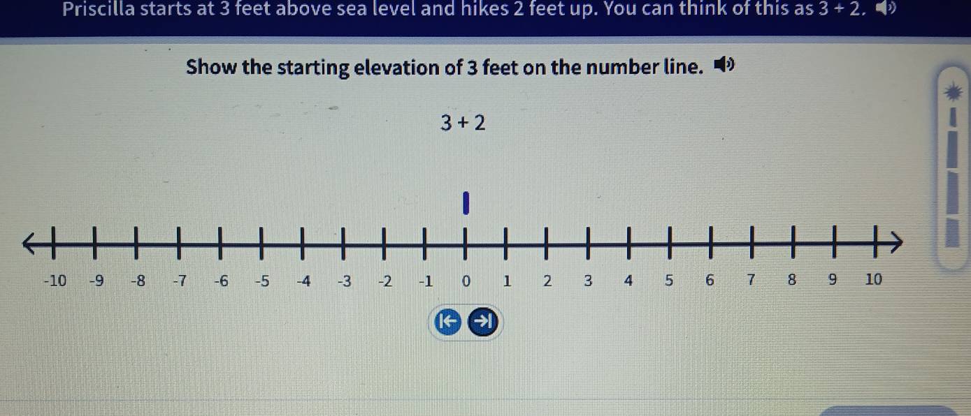 Priscilla starts at 3 feet above sea level and hikes 2 feet up. You can think of this as 3+2. b 
Show the starting elevation of 3 feet on the number line.
3+2
51