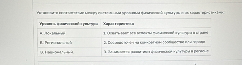 Установите соответствие между системными уровнями Φизической культуры иих характеристиками: