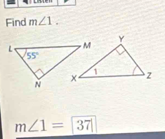 Find m∠ 1.
m∠ 1=boxed 37