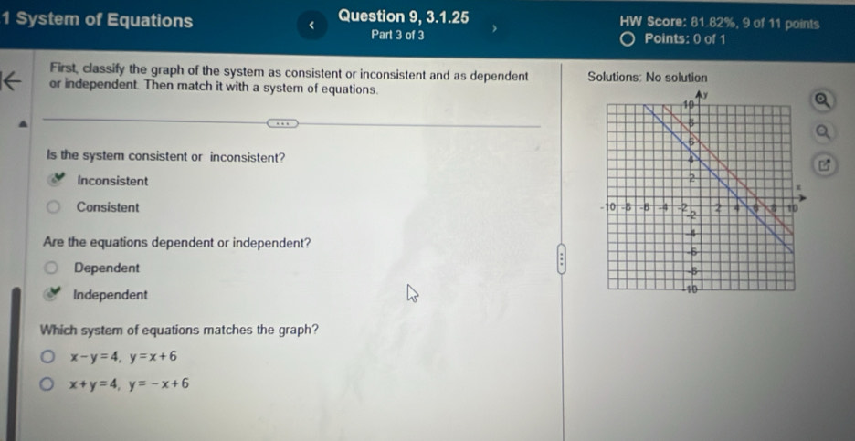 System of Equations < Question 9, 3.1.25 HW Score: 81.82%, 9 of 11 points
Part 3 of 3 Points: 0 of 1
First, classify the graph of the system as consistent or inconsistent and as dependent Solutions: No solution
or independent. Then match it with a system of equations.Q
e
Is the system consistent or inconsistent?

Inconsistent
Consistent 
Are the equations dependent or independent?
Dependent
Independent
Which system of equations matches the graph?
x-y=4, y=x+6
x+y=4, y=-x+6