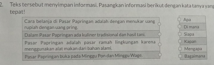 Teks tersebut menyimpan informasi. Pasangkan informasi berikut dengan kata tanya yang 
tepat! 
Cara belanja di Pasar Papringan adalah dengan menukar uang Apa 
rupiah dengan uang pring. Di mana 
Dalam Pasar Papringan ada kuliner tradisional dan hasil tani. Siapa 
Pasar Papringan adalah pasar ramah lingkungan karena Kapan 
menggunakan alat makan dari bahan alami. Mengapa 
Pasar Papringan buka pada Minggu Pon dan Minggu Wage. Bagaimana