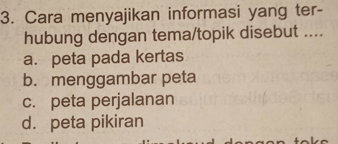 Cara menyajikan informasi yang ter-
hubung dengan tema/topik disebut ....
a. peta pada kertas
b. menggambar peta
c. peta perjalanan
d. peta pikiran