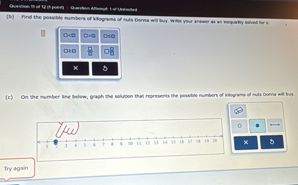 Question Attempt: 1 of Unlimited 
(b) Find the possible numbers of kilograms of nuts Donna will buy. Write your answer as an inequality solved for x.
□ □ >□ □ ≤ □
□ ≥ □  □ /□    □ /□  
× 5 
(c) On the number line below, graph the solution that represents the possible numbers of kilograms of nuts Donna will buy. 
。 
× 5 
Try again