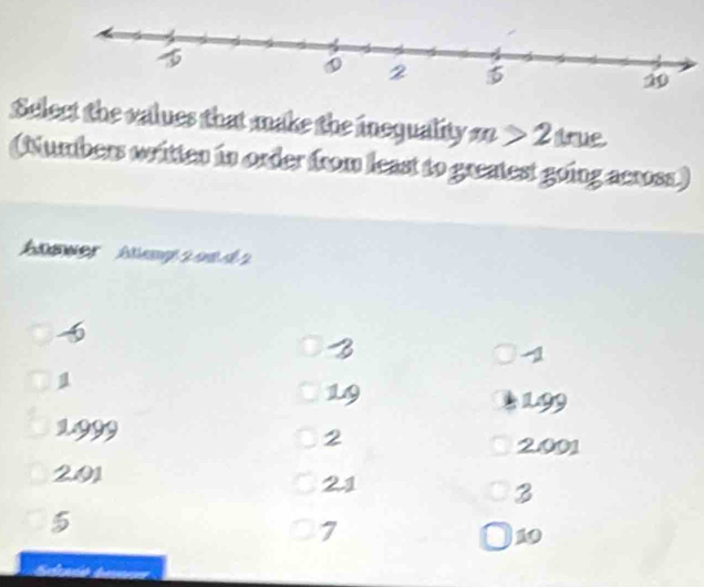 Select the values that make the ineguality m>2 drue 
(Numbers written in order from least to greatest going accoss) 
bswer Ag 2 00 4

-1

19
199
1999
2
2001
201
21
3
5
7
10