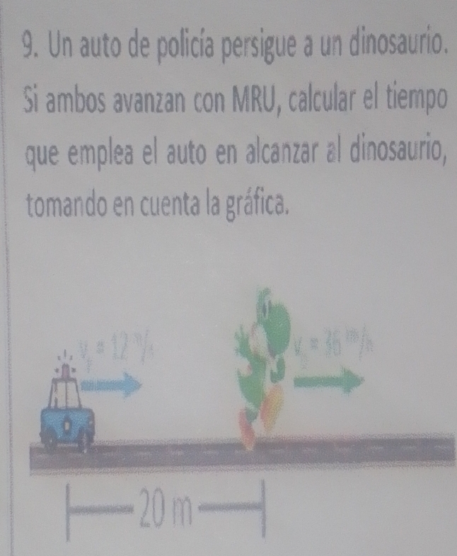 Un auto de policía persigue a un dinosaurio. 
Si ambos avanzan con MRU, calcular el tiempo 
que emplea el auto en alcanzar al dinosaurio, 
tomando en cuenta la gráfica.
20 m