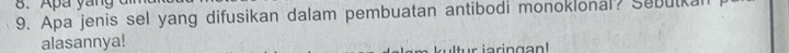 Apa yang 
9. Apa jenis sel yang difusikan dalam pembuatan antibodi monoklonal? Sebutkal 
alasannya! 
r iaringan!