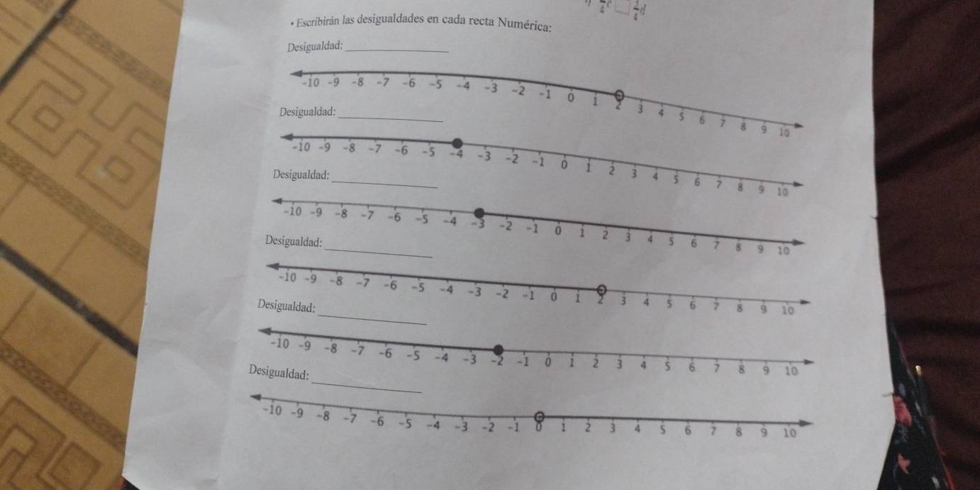 7^c□  3/4 4d 
* Escribirán las desigualdades en cada recta Numérica: 
Desigualdad:_ 
Desigualdad:_