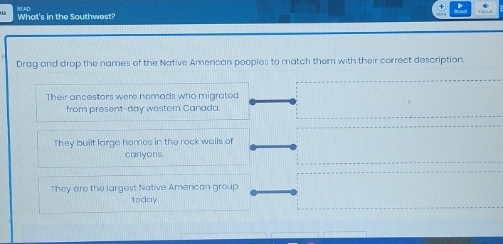 READ 
What's in the Southwest? Focus 
Drag and drop the names of the Native American peoples to match them with their correct description. 
Their ancestors were nomads who migrated 
from present-day western Canada. 
They built large homes in the rock walls of 
canyons. 
They are the largest Native American group 
today.