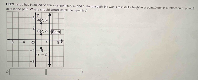 BEES Jerod has installed beehives at points A, B, and C along a path. He wants to install a beehive at point D that is a reflection of point B
across the path. Wherel the new hive?
D(