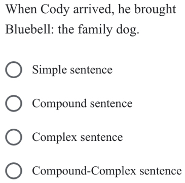 When Cody arrived, he brought
Bluebell: the family dog.
Simple sentence
Compound sentence
Complex sentence
Compound-Complex sentence