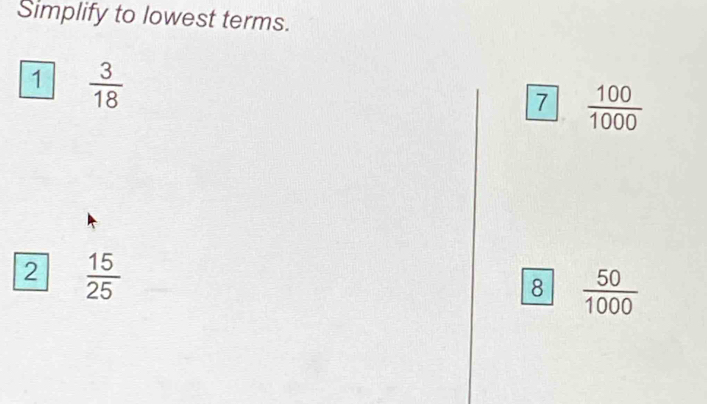 Simplify to lowest terms.
1  3/18 
7  100/1000 
2  15/25 
8  50/1000 