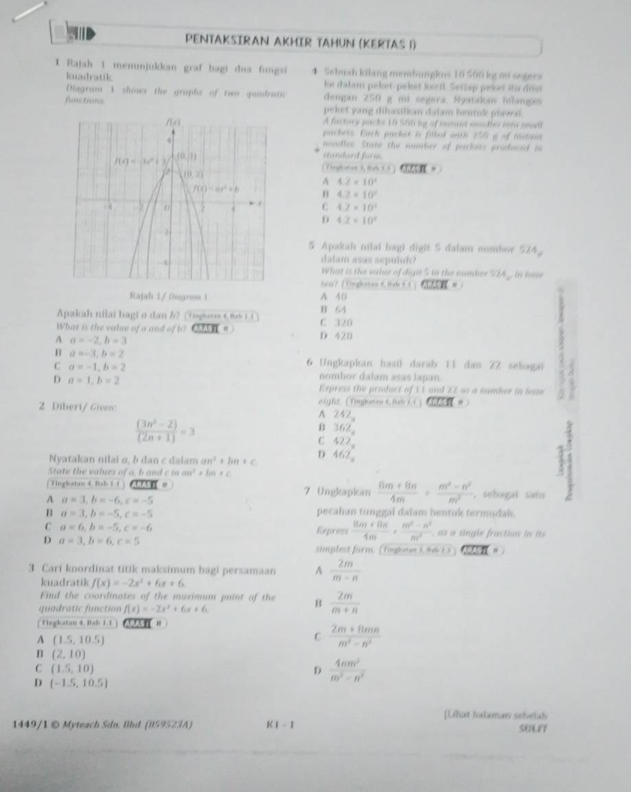 PENTAKSIRAN AKMIR TAHUN (KERTAS 1)
1 Rajah 1 menunjuldan graf bagi dua fungsi 4 Sebuah kilang membungkus 16 500 kg mi segers
kuadratik ke dalam peket-peket kssi. Setlap peket ito dist
Diagram 1 shows the graphs of two quadratic dengan 250 g mi segera. Nyatakm fílangan
functions peket yang dihasilkan daiam bentok prawai.
A factory packs 10 500 bg of instant noodles into small
packets. Each packet is filled with 250 g of instant
nodles. State the number of packess produced in
standard form
[ Thughoton 5, Bah 9 4
A 4.2* 10^2
4.2* 10^2
C 4.2* 10^2
D 4.2* 10^9
5 Apakah nilai bagi digit 5 dalam nombor 524。
dalam asas sepuluh?
What is the value of digit 5 in the number SZA_w in hose
ten? [Yinglores 4.fk 3.f ]
Rajah 1/ Diogrom 1 A 40
Apakah nilai bagi σ dan b? □gkato 4, thak 1 1 C 320 B 64
What is the value of a and of b? AMAST 。
A a=-2,b=3
D 428
B a=-3,b=2
C a=-1,b=2
6 Ungkapkan hasil darab 11 dan 22 sebagai a
D a=1,b=2
nombor dalam asas Japan.
Repress the product of 11 and 22 as a number in base
2 Diberi/ Given:
eight Tmgomo 4 Ral E」ta
 ((3n^2-2))/(2n+1) =3
A 242_a
B 362_circ 
C 422_a
Nyatakan nilai ø, b dan c dalam an^2+bn+c D 462_a
State the values of a, b and c inan^2+bn+c
x
Tingkatan 4, Bsb 1  1 7 Ungkapkan  (8m+8n)/4m + (m^2-n^2)/m^2 . sebagal sato
A a=3,b=-6,c=-5
B a=3,b=-5,c=-5 pecahan tunggal dalam bentok termudak.
C a=6,b=-5,c=-6
Repress  (8m+8n)/4m ·  (m^2-n^2)/m^2 
D a=3,b=6,c=5
simplest form. (Tinglm 1, 86 1 3     。
3 Cari koordinat titik maksimum bagi persamaan A  2m/m-n 
kuadratik f(x)=-2x^2+6x+6.
Find the coordinates of the maximum point of the B  2m/m+n 
quadratic function f(x)=-2x^2+6x+6.
Tingkatan 4. Bab L.I) (ARA T  R
A (1.5,10.5)
C  (2m+8mn)/m^2-n^2 
B (2,10)
C (1.5,10)
D  4nm^2/m^2-n^2 
D (-1.5,10.5)
[Lihat halaman sebelah
1449/1 © Myteach Sdn. Bhd (B59523A) K1-1 SULFT