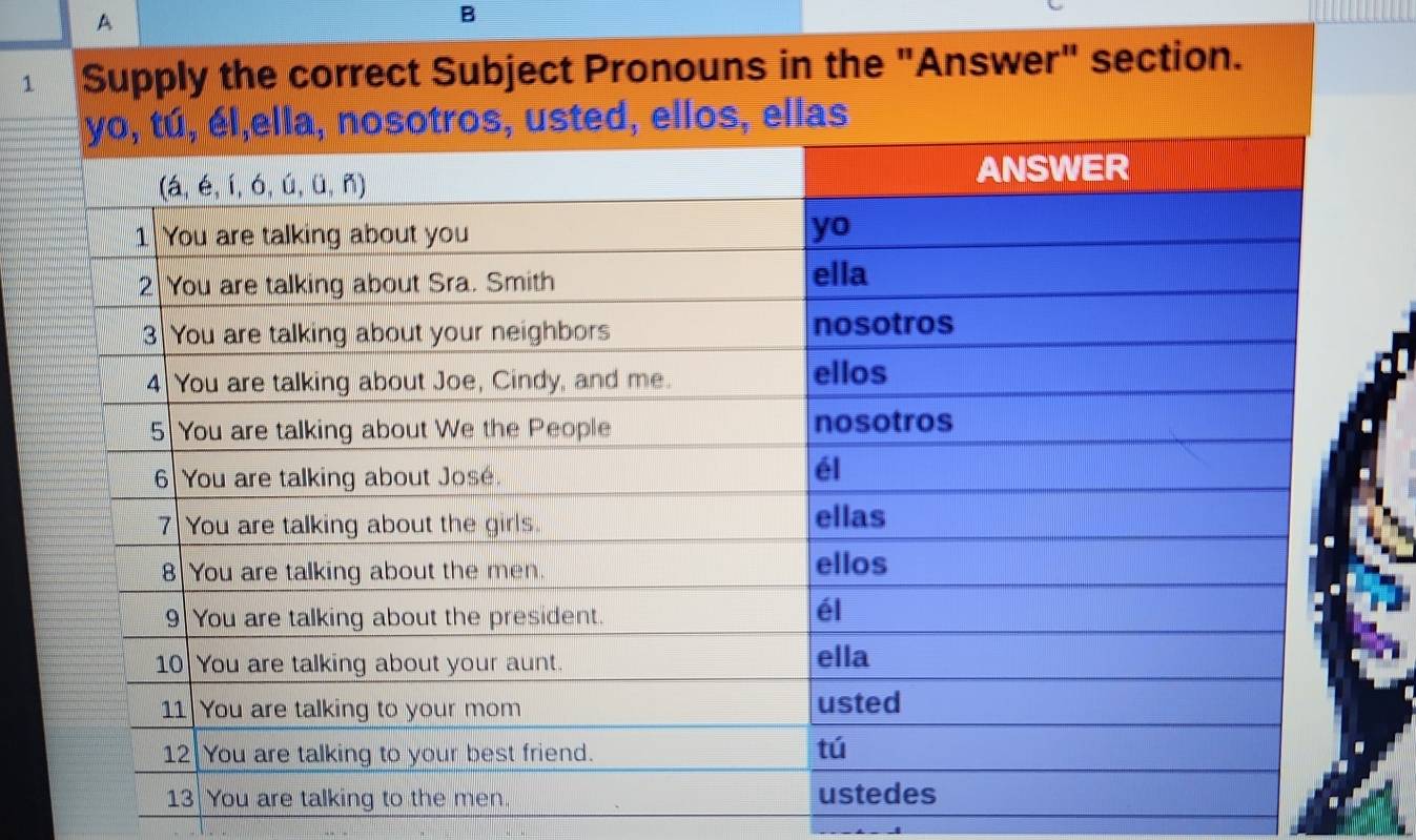 A 
B 
1 Supply the correct Subject Pronouns in the "Answer" section.