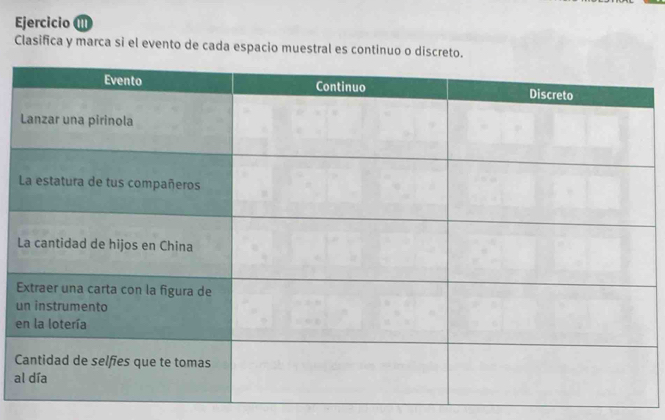 Ejercicio ⑪ 
Clasifica y marca si el evento de cada espacio muestral es continuo o discreto. 
E 
u 
e 
C 
a