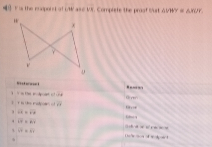 Y is the midpoint of UIIV and VX. Complete the proof that △ VWY≌ △ XUY, 
Statement Reason 
1 Y is the midpoint of (/HV Given 
2 r is the madpoint of overline VY Given 
3 overline OX=overline VW Given 
. overline UY=overline WY Definition of midpoint 
s overline VY=overline XY Definition of midpoint