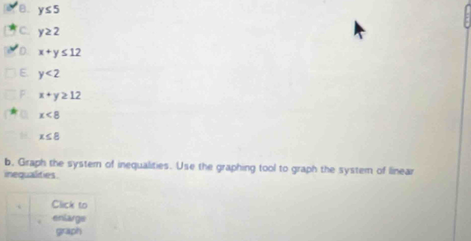 B. y≤ 5
C y≥ 2
D. x+y≤ 12
E. y<2</tex>
P x+y≥ 12
0 x<8</tex>
x≤ 8
b, Graph the systern of inequalities. Use the graphing tool to graph the system of linear
inequalities .
Click to
enlarge
graph