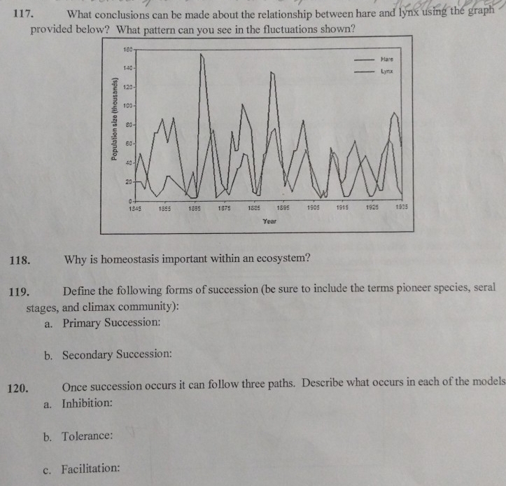 What conclusions can be made about the relationship between hare and lynx using the graph 
provided below? What pattern can you see in the fluctuations shown? 
118. Why is homeostasis important within an ecosystem? 
119. Define the following forms of succession (be sure to include the terms pioneer species, seral 
stages, and climax community): 
a. Primary Succession: 
b. Secondary Succession: 
120. Once succession occurs it can follow three paths. Describe what occurs in each of the models 
a. Inhibition: 
b. Tolerance: 
c. Facilitation: