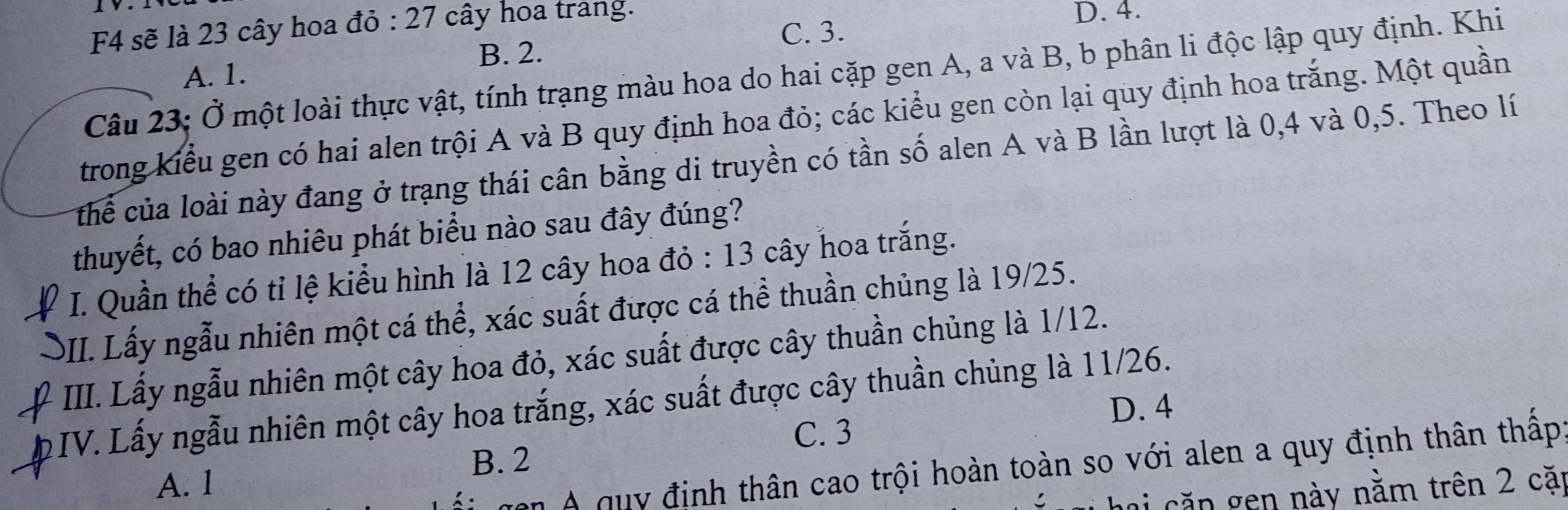 F4 sẽ là 23 cây hoa do:27 cây hoa trang.
D. 4.
B. 2. C. 3.
Câu 23; Ở một loài thực vật, tính trạng màu hoa do hai cặp gen A, a và B, b phân li độc lập quy định. Khi
A. 1.
trong kiểu gen có hai alen trội A và B quy định hoa đỏ; các kiểu gen còn lại quy định hoa trắng. Một quần
chể của loài này đang ở trạng thái cân bằng di truyền có tần số alen A và B lần lượt là 0, 4 và 0, 5. Theo lí
thuyết, có bao nhiêu phát biểu nào sau đây đúng?
I. Quần thể có tỉ lệ kiểu hình là 12 cây hoa đỏ : 13 cây hoa trắng.
DII. Lấy ngẫu nhiên một cá thể, xác suất được cá thể thuần chủng là 19/25.
IIII. Lấy ngẫu nhiên một cây hoa đỏ, xác suất được cây thuần chủng là 1/12.
D. 4
D :IV. Lấy ngẫu nhiên một cây hoa trắng, xác suất được cây thuần chủng là 11/26.
C. 3
B. 2
A. 1
n ở quy định thân cao trội hoàn toàn so với alen a quy định thân thấp
hai căn gen này nằm trên 2 cặp