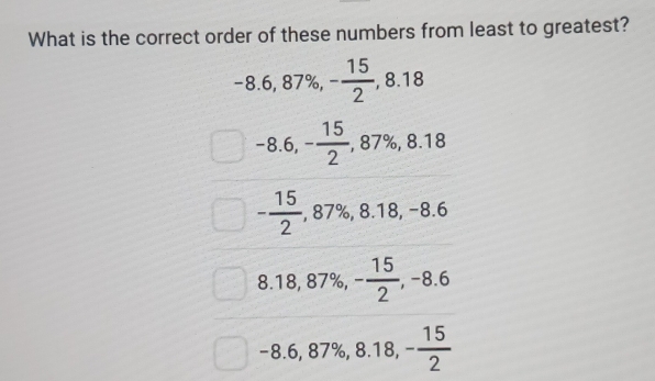 What is the correct order of these numbers from least to greatest?
5, 87%, - 15/2 , 8.18
-8.6, - 15/2  87 % , 8.18
- 15/2 , 87% , 8.18, -8.6
.16 , 87%, - 15/2 , -8.6
-8.6, 87% , 8.18, - 15/2 