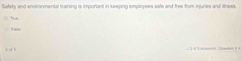 Safety and environmental training is important in keeping employees safe and free from injuries and illness.
True
False
3 of 5 √ 2 of 5 answered / Question 3*