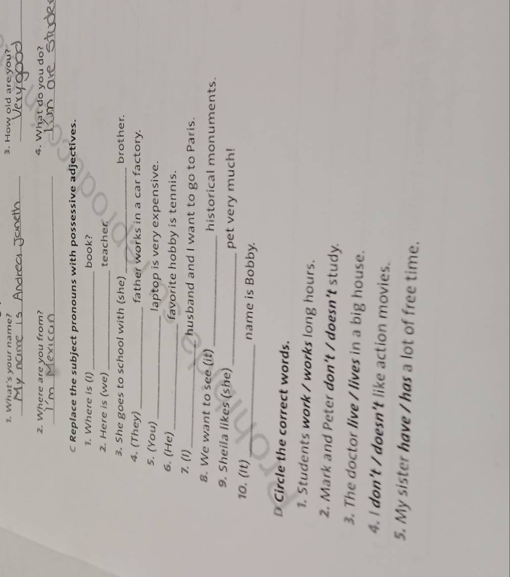 What's your name? 
3. How old are you? 
_ 
_ 
2. Where are you from? 
4. What do you do? 
_ 
_ 
C Replace the subject pronouns with possessive adjectives. 
1. Where is (I)_ book? 
2. Here is (we)_ teacher. 
3. She goes to school with (she) _brother. 
4. (They)_ father works in a car factory. 
5. (You) _laptop is very expensive. 
6. (He)_ favorite hobby is tennis. 
7. (1)_ husband and I want to go to Paris. 
8. We want to see (it) _historical monuments. 
9. Sheila likes (she) 
_pet very much! 
10. (It)_ name is Bobby. 
Circle the correct words. 
1. Students work / works long hours. 
2. Mark and Peter don't / doesn't study. 
3. The doctor live / lives in a big house. 
4. I don't / doesn't like action movies. 
5. My sister have / has a lot of free time.