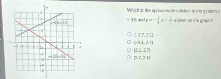 Which is the approximate solution to the system y
+ 3.5 and y=- 2/3 x+ 1/3  shown on the graph?
(-2.7,2.1)
(-2.1,2.7)
(2.1,2.7)
(2.7,2.1)