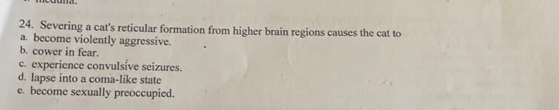 Severing a cat's reticular formation from higher brain regions causes the cat to
a. become violently aggressive.
b. cower in fear.
c. experience convulsive seizures.
d. lapse into a coma-like state
e. become sexually preoccupied.