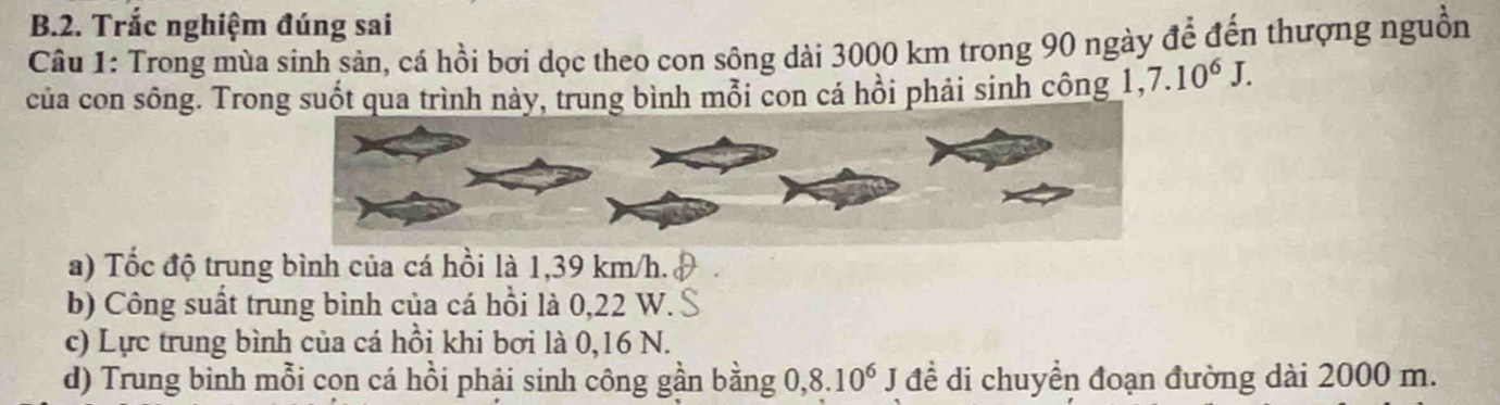 B2. Trắc nghiệm đúng sai
Câu 1: Trong mùa sinh sản, cá hồi bơi dọc theo con sông dài 3000 km trong 90 ngày để đến thượng nguồn
của con sông. Trong suốt qua trình này, trung bình mỗi con cá hồi phải sinh công 1,7.10^6J.
a) Tốc độ trung bình của cá hồi là 1,39 km/h.
b) Công suất trung bình của cá hồi là 0,22 W.
c) Lực trung bình của cá hồi khi bơi là 0,16 N.
d) Trung binh mỗi cọn cá hồi phải sinh công gần bằng 0, 8.10^6 J để di chuyền đoạn đường dài 2000 m.