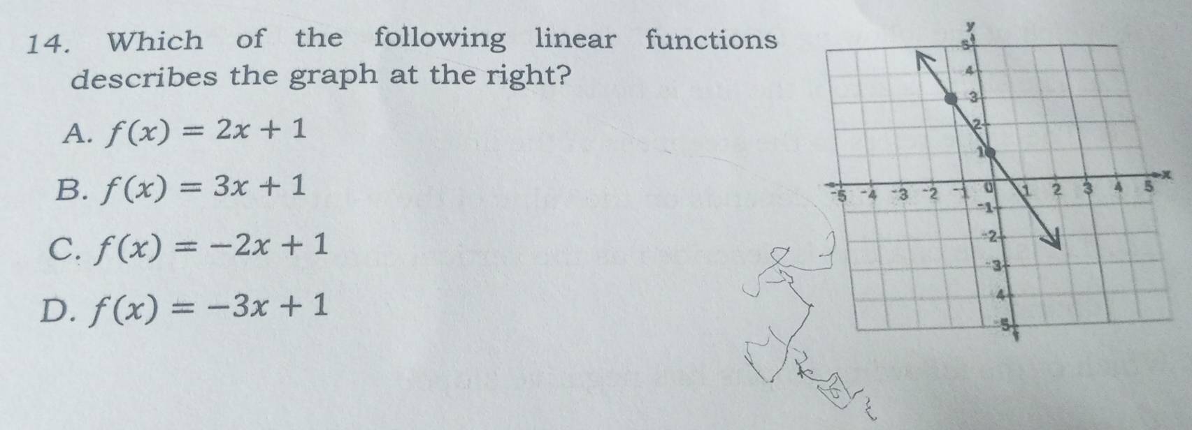 Which of the following linear functions
describes the graph at the right?
A. f(x)=2x+1
B. f(x)=3x+1
C. f(x)=-2x+1
D. f(x)=-3x+1