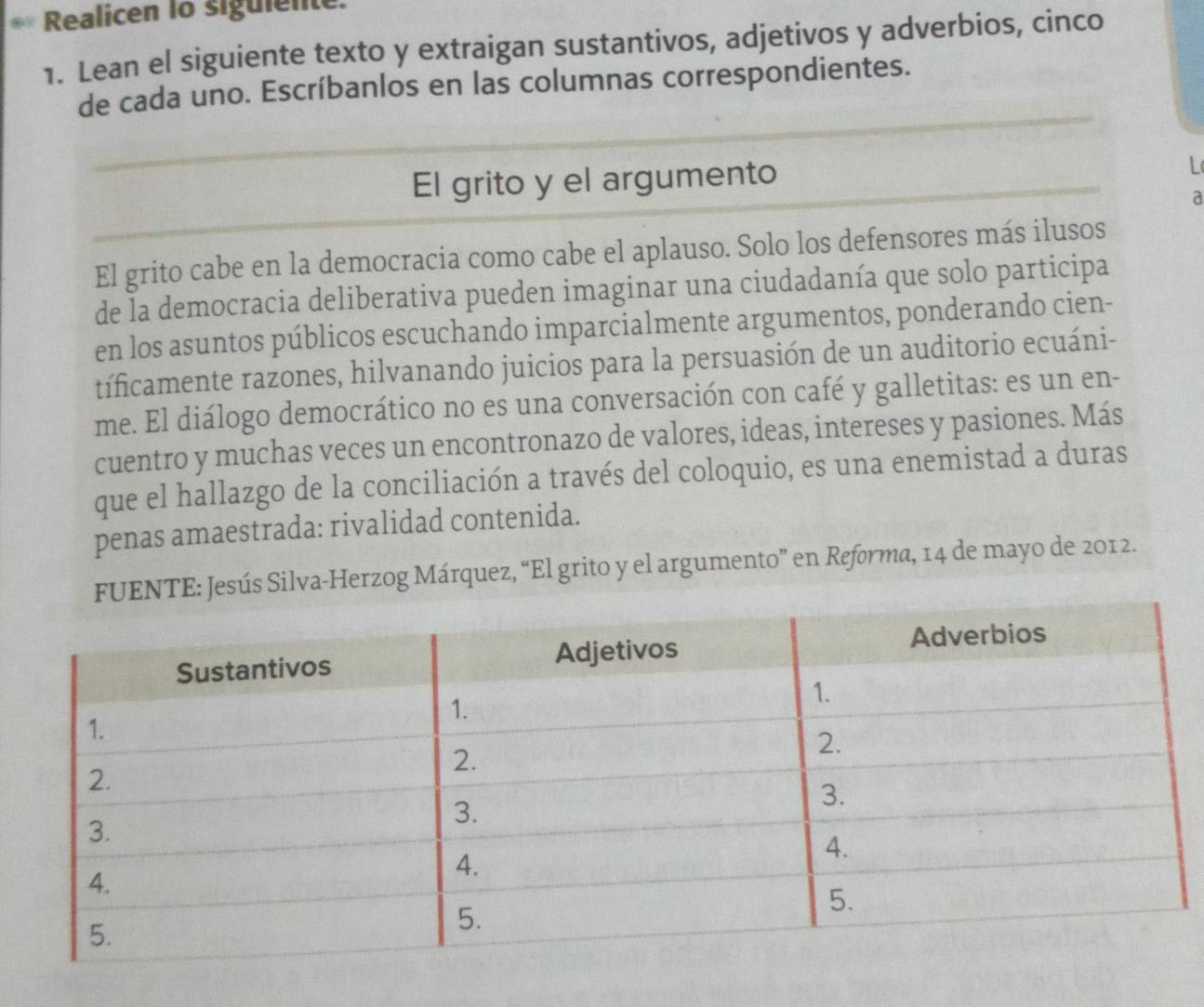 Realicen 1o siguiente. 
1. Lean el siguiente texto y extraigan sustantivos, adjetivos y adverbios, cinco 
de cada uno. Escríbanlos en las columnas correspondientes. 
El grito y el argumento 
L 
a 
El grito cabe en la democracia como cabe el aplauso. Solo los defensores más ilusos 
de la democracia deliberativa pueden imaginar una ciudadanía que solo participa 
en los asuntos públicos escuchando imparcialmente argumentos, ponderando cien- 
tíficamente razones, hilvanando juicios para la persuasión de un auditorio ecuáni- 
me. El diálogo democrático no es una conversación con café y galletitas: es un en- 
cuentro y muchas veces un encontronazo de valores, ideas, intereses y pasiones. Más 
que el hallazgo de la conciliación a través del coloquio, es una enemistad a duras 
penas amaestrada: rivalidad contenida. 
FUENTE: Jesús Silva-Herzog Márquez, “El grito y el argumento” en Reforma, 14 de mayo de 2012.