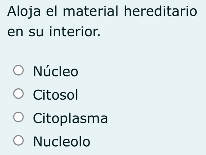 Aloja el material hereditario
en su interior.
Núcleo
Citosol
Citoplasma
Nucleolo