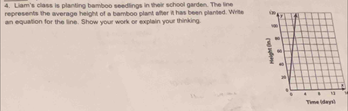 Liam's class is planting bamboo seedlings in their school garden. The line 
represents the average height of a bamboo plant after it has been planted. Write 
an equation for the line. Show your work or explain your thinking. 
1