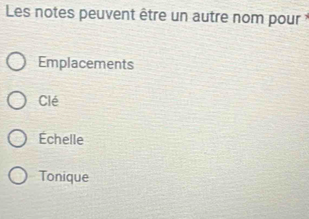 Les notes peuvent être un autre nom pour *
Emplacements
Clé
Échelle
Tonique