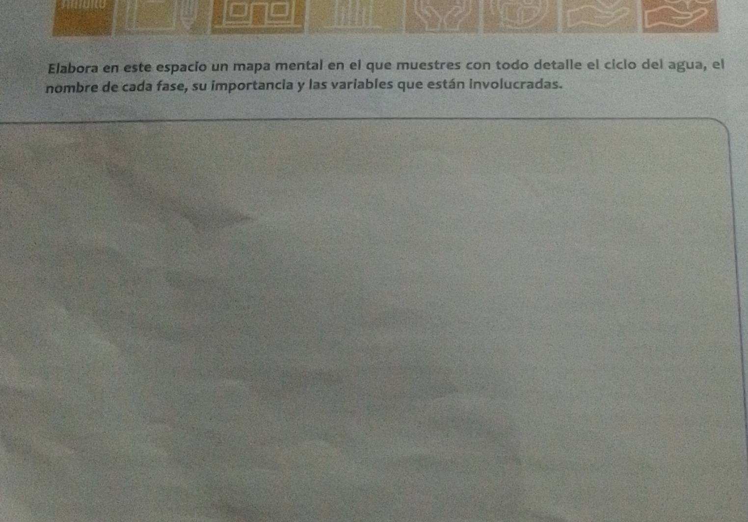 Elabora en este espacio un mapa mental en el que muestres con todo detalle el ciclo del agua, el 
nombre de cada fase, su importancia y las variables que están involucradas.