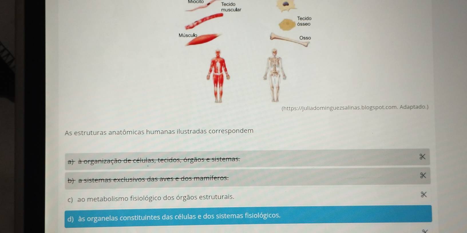 Miócito Tecido
inguezsalinas.blogspot.com. Adaptado.)
As estruturas anatômicas humanas ilustradas correspondem
a) à organização de células, tecidos, órgãos e sistemas.
b) a sistemas exclusivos das aves e dos mamíferos.
c) ao metabolismo fisiológico dos órgãos estruturais.
d) às organelas constituintes das células e dos sistemas fisiológicos.