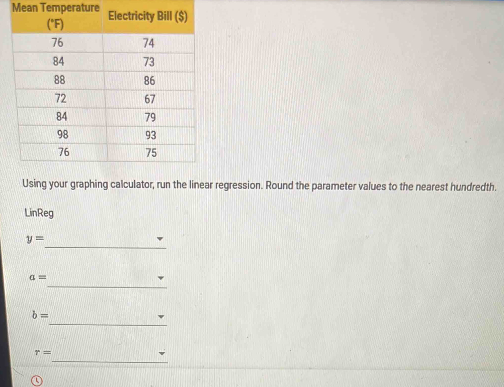 Mean Temperature
Using your graphing calculator, run the linear regression. Round the parameter values to the nearest hundredth.
LinReg
_
y=
_
a=
_
b=
_
r=