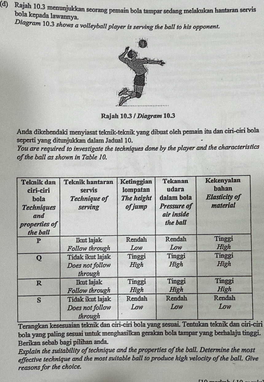 Rajah 10.3 menunjukkan seorang pemain bola tampar sedang melakukan hantaran servis 
bola kepada lawannya. 
Diagram 10.3 shows a volleyball player is serving the ball to his opponent. 
Rajah 10.3 / Diagram 10.3
Anda dikehendaki menyiasat teknik-teknik yang dibuat oleh pemain itu dan ciri-ciri bola 
seperti yang ditunjukkan dalam Jadual 10. 
You are required to investigate the techniques done by the player and the characteristics 
of the ball as shown in Table 10. 
Terangkan kesesuaianciri 
bola yang paling sesuai untuk menghasilkan gerakan bola tampar yang berhalaju tinggi. 
Berikan sebab bagi pilihan anda. 
Explain the suitability of technique and the properties of the ball. Determine the most 
effective technique and the most suitable ball to produce high velocity of the ball. Give 
reasons for the choice.