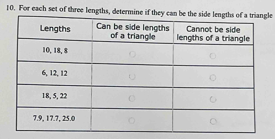 For each set of three lengths, dele