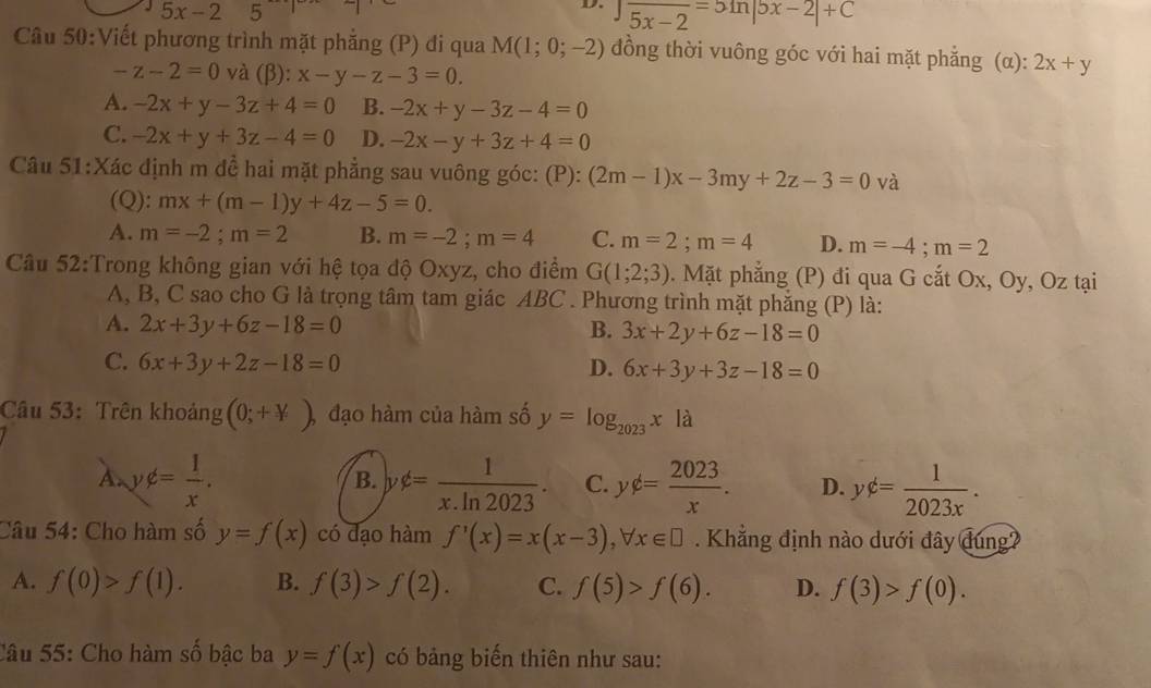 5x-2 5
D. beginarrayr ∈t frac 5x-2=5ln |5x-2|+C
Câu 50:Viết phương trình mặt phẳng (P) đi qua M(1;0;-2) đồng thời vuông góc với hai mặt phẳng (α): 2x+y
-z-2=0 và (β): x-y-z-3=0.
A. -2x+y-3z+4=0 B. -2x+y-3z-4=0
C. -2x+y+3z-4=0 D. -2x-y+3z+4=0
Câu 51:Xác định m đề hai mặt phẳng sau vuông góc: (P):(2m-1)x-3my+2z-3=0 và
(Q): mx+(m-1)y+4z-5=0.
A. m=-2;m=2 B. m=-2;m=4 C. m=2;m=4 D. m=-4;m=2
Câu 52:Trong không gian với hệ tọa độ Oxyz, cho điểm G(1;2;3). Mặt phẳng (P) đi qua G cắt Ox, Oy, Oz tại
A, B, C sao cho G là trọng tâm tam giác ABC . Phương trình mặt phẳng (P) là:
A. 2x+3y+6z-18=0 B. 3x+2y+6z-18=0
C. 6x+3y+2z-18=0 D. 6x+3y+3z-18=0
Câu 53: Trên khoảng (0;+y) đạo hàm của hàm số y=log _2023xla
A. y∉ = 1/x . y∉ = 1/x.ln 2023 . C. yphi = 2023/x . D. ydot c= 1/2023x .
B.
Câu 54: Cho hàm số y=f(x) có dạo hàm f'(x)=x(x-3),forall x∈ □ Khẳng định nào dưới đây đúng?
A. f(0)>f(1). B. f(3)>f(2). C. f(5)>f(6). D. f(3)>f(0).
Câu 55: Cho hàm số bậc ba y=f(x) có bảng biến thiên như sau: